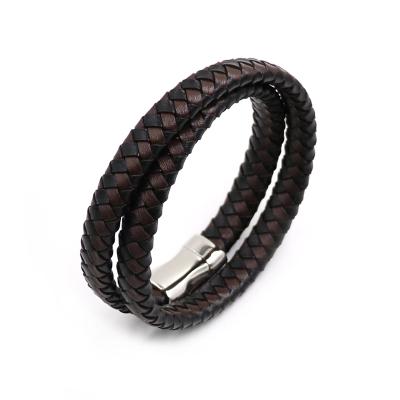 China Tri Braided Leather Rope Logo Leather Bracelet For Men Custom Made Acceptable Top Layer Neo-Gothic Multi Backing for sale