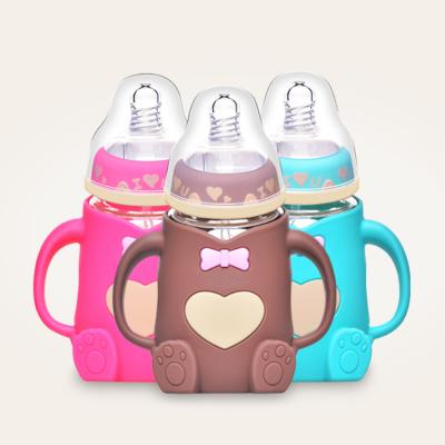 China BPA Free Glass Baby Feeding Bottle With Silicone Cover Device Sleeve Bottle Holder 240ml Other Baby Products Feeding Care Bottle for sale