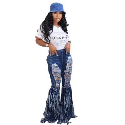 China Viable Plus Size Jean Ladies Casual Flared Trousers Ripped Tassel Designer Denim Pants for sale