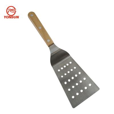 China Stainless Steel Slotted Transfer Tray Paddle With Wood Handle Fish Steak Pancake Chicken Chop Meat Skin Shovel for sale