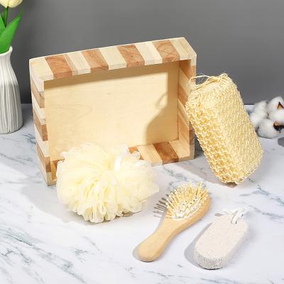 China Disposable 4 Pieces Spa Shape Square Bath Gift Set Set With Hair Brush Pumice Stone Nature Loofah Body Care Accessories Set for sale