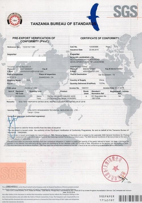 SGS Certificate - ACHLOR CHEMICAL LTD.