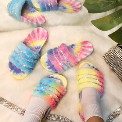 China Fashion Trend Fashion Summer Fur Slides Women's Brand Colorful Plush Fleece Printing Fur Slippers For Ladies for sale