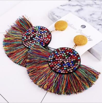 China Crystal Rhinestone Fan Shape Handmade Bohemian Jewelry BOHEMIA Fashion Earrings Thread Silk Tassel Earrings For Women for sale