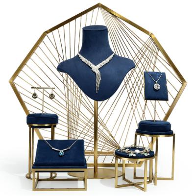 China Luxury High End Custom Made Eco-friendly Suede Blue Metal Display Mannequin Jewelry Display Stand Set for sale