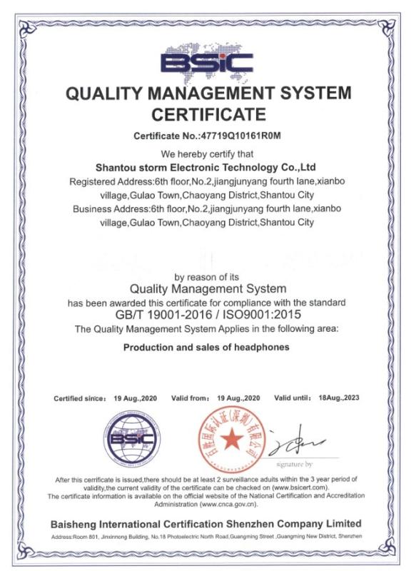 ISO9001 - Shantou Storm Electronic Technology Co., Ltd.