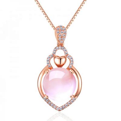 China Romantic Newcomer Natural Rose Quartz Gemstone 925 Sterling Silver Necklace Lady Pendant Necklace for sale