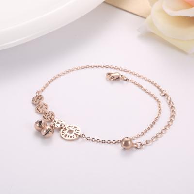 China Small Bell Stainless Steel Style Ankle Chain Anklet Bracelet Rose Gold Plated Adjustable Coins For Women for sale