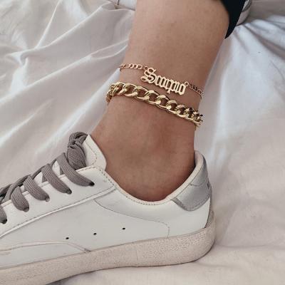 China Fashionable Wholesale Zodiac Charm Letter Year Birth Cuban Link Stainless Steel Stainless Steel Anklet Chain Women Custom Name Initials for sale