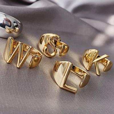 China TRENDY Alphabet Letter A Z Ring 18k Gold Plated Irregular Chunky Name Gold Ring Adjustable Initial Ring for sale