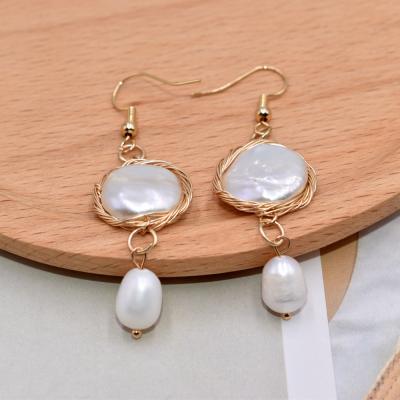 China French Baroque Style Gold Plated Long Hand Made Dangle Baroque Pearl Earring For Women Jewelry for sale