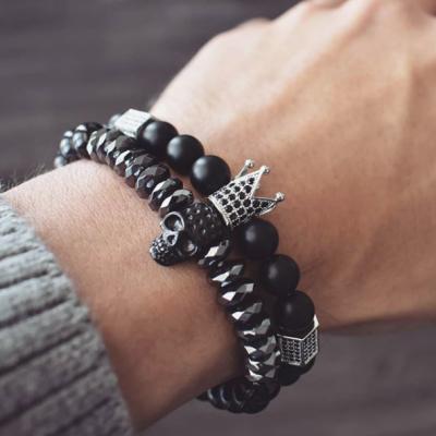 China AliExpress Best Selling Punk Jewelry Couples Bracelet 2Pcs/Set Handmade Natural Stone Micro Pave CZ Crown Skull Bracelet for sale