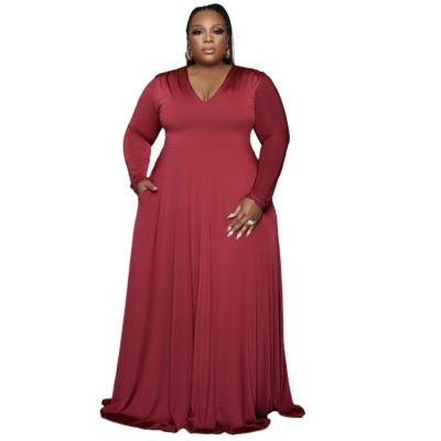 China Loose Color Dress 2021 Solid Long Sleeve Viable V-Neck Large Size Long Maxi Skirt Plus Size Women's Dresses for sale