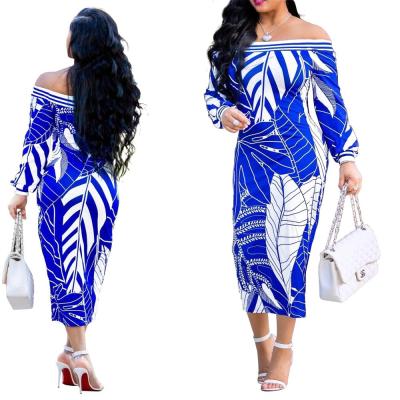 China Anti-static elegant sexy long sleeve leaf floral printed chest chest wrap off the shoulder elegant pencil dress casual dress for sale