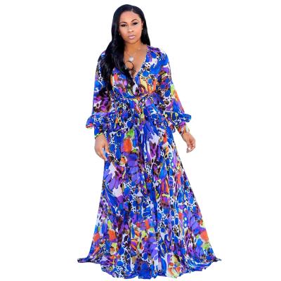 China New fashion women's floral dress large anti-static casual skirt printed sexy V-neck chiffon dress for sale