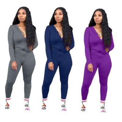 China 2021 Breathable Zipper Hooded Tops Pencil Pants Sports Knit Winter Women Two Piece Set Tracksuit for sale