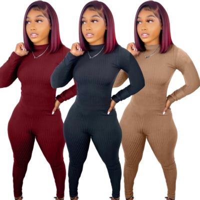 China 2021 pure stripe color mine anti-pilling two-piece set slim waist elastic long-sleeved women's pants anti-pilling for sale