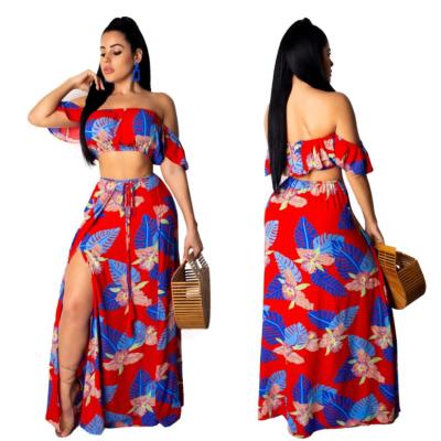 China Fashion Print Ruffle Sleeve Wrap Breathable Chest Split Skirt Women Dresses Two Piece Set Skirt And Top for sale