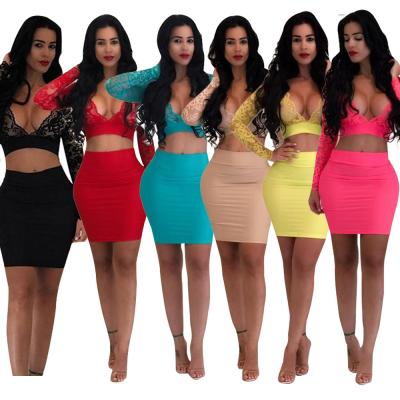 China Ladies Anti-Static Sexy Bodycon Skirt And Lace Sleeve Sheer Long Crop Top Two Piece Mini Set for sale