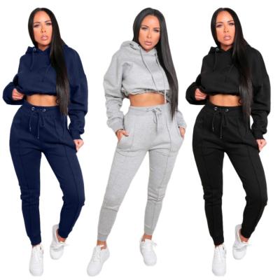 China Wholesale 2 Piece Solid Color Women Hooded Anti-pilling Gear With Long Sleeve Crop Top for sale