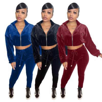 China 2021 2021 Velvet Zipper Sports Waist Women's Top Anti-pilling Pants Set Korean Elastic Velvet Two-Piece Crop for sale