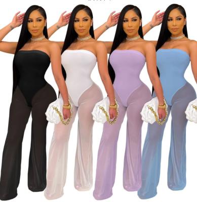 China 2021 viable summer fashion solid color wholesale strapless mesh sexy plus size women clothing backless jumpsuit for sale