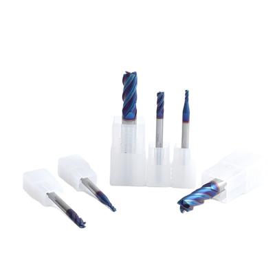 China MELEC process CNC tools tungsten carbide endmill HRC55 nano coating 4 flutes blue nano radius corner milling cutter for sale