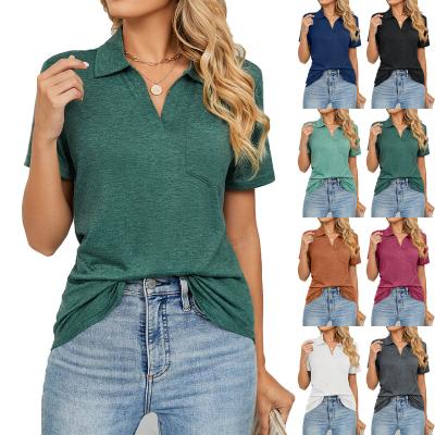 China Solid Color Summer Spring Anti-pilling Women's T-shirt Lapel Loose T-Shirt With Pocket for sale