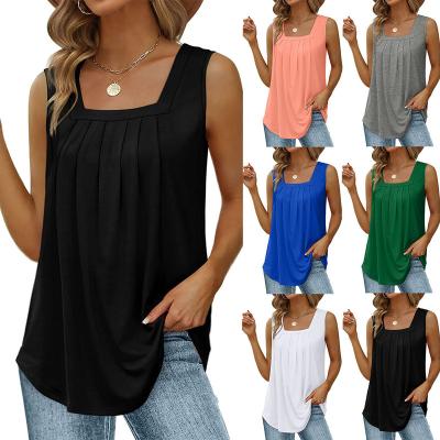 China Anti-pilling Europe America Pleated Vest Square T-shirt Dovetail Neck Sleeveless Vest T-shirt For Women for sale