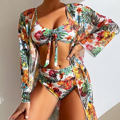 China New sexy printed three-piece removable padded bikini beach swimwear blouse swimsuit for women print bathing suit for sale