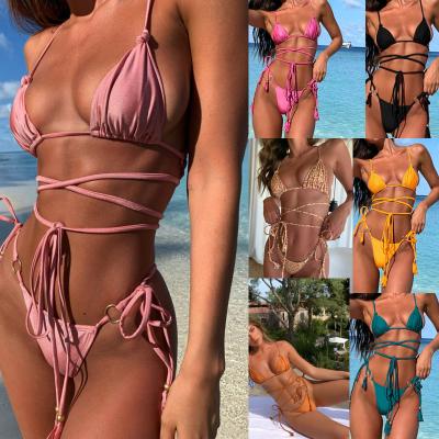 China New Solid Color Split Bikini Removable Padded Bandage Bikini Adjustable Sexy Swimwear For Women for sale