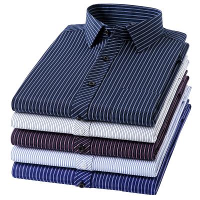 China Elderly Middle-aged Anti-Shrinkage Loose Casual Stripe Lapel Ironless Men's Shirt Striped Shirt for sale