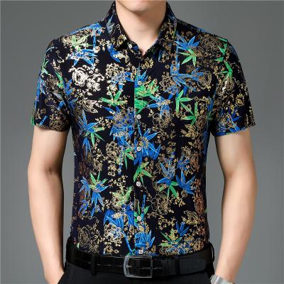 China Mens Summer Shirt Anti-Shrink Floral Tropical Casual Half Ice Print Short Sleeve Silk Shirts for sale