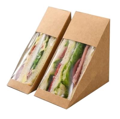 China Recycled Materials Factory All-purposed egradable Recycle Kraft Paper Food Brown Triangle Sandwich Box With Window for sale