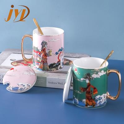 China Viable trend chinese traditional culture porcelain 380ml shadowplay mug with golden handle for sale