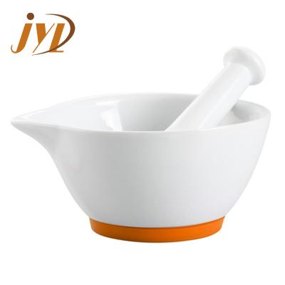 China Viable Unique Ceramic Spices Pepper Pills Grinding Mortar And Pestle With Silicone Base for sale