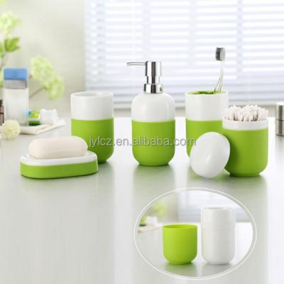 China Viable Luxury Green Ceramic Toothbrush Holder Lotion Dispenser Bathroom Accessories Sets With Non-slip Silicone Base for sale