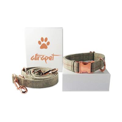 China Fashion Customized Soft Comfortable Luxury Strong Tweed Dog Collar and Leash Customized Nylon Set with Rose Gold Hardware for sale