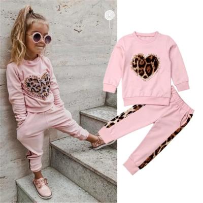 China European and American children's leopard print nail autumn and winter peach heart pearl fashion sweater girl suit for sale