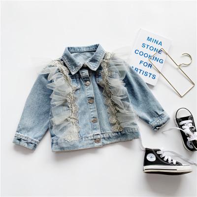 China new Anti-wrinkle Fahion toddler girls lace up denim jacket spring autumn girls tulle jeans coat clothing for kids for sale