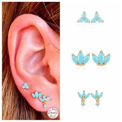 China NEW TRENDY 925 Sterling Silver Minimalist Bohemia Bling Turquoise Piercing Stud Earrings For Women Girls Lover Birthday Gift for sale