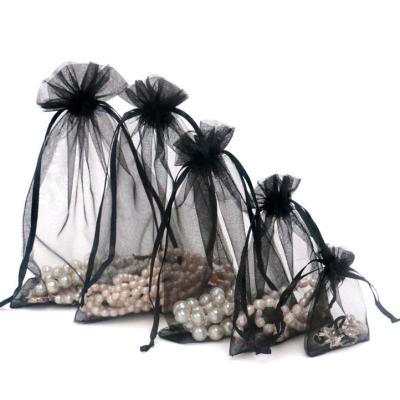 China 100% Eco-friendly Black Wedding Party Decoration Jewelry Packaging Gift Organza Drawstring Pouches Custom Bags for sale