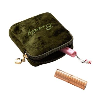 China High Quality Custom Double Layer Cosmetic Storage Bag Velvet Fabric With Embroidered Logo Zipper Travel Goods Storage Bag for sale