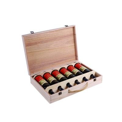 China Plain Recyclable Custom Pine Wooden Whiskey Packaging Box For 6 Bottle Wine Storage Case for sale