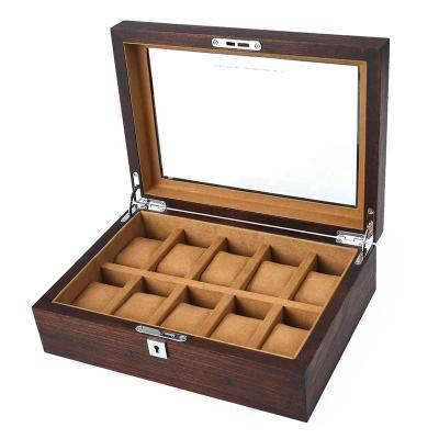 China Custom 10 Grids Matt Lacquer Wooden Velvet OEM Eco-friendly Watch Packing Case With Lock Luxury Watch Storage Case for sale