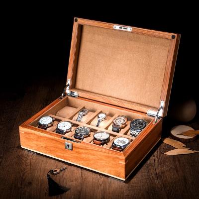 China Eco-friendly Custom 10 Grids Matt Lacquer Velvet OEM Wooden Watch Packing Box With Lock Luxury Watch Storage Case for sale