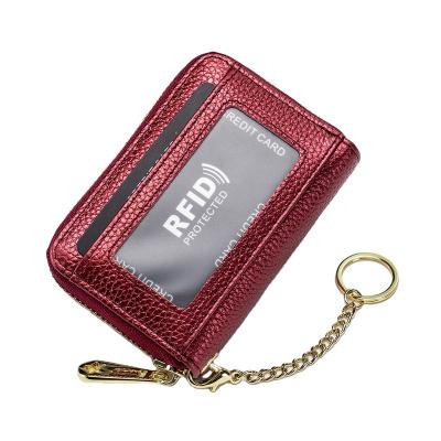 China Wholesale Multifunctional Fashion Cowhide RFID Mini Convenient Cowhide Leather Unisex Short Card Holder With Chain for sale