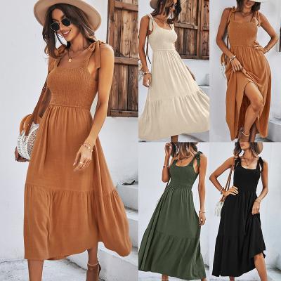 China Breathable Women Dress Casual Maxi Dresses 2022 Summer Party Long Solid Color Sleeveless Lace Pleated Ruffled for sale