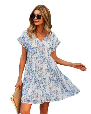 China Breathable Sexy Short Dress Women Summer Floral Print Ladies V-Neckline Casual Ruffles Beach Mini Chiffon Dress Women Sundress Vestidos female for sale