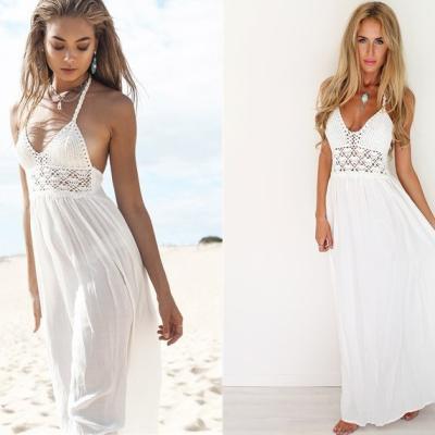 China Women Summer Breathable Lace Hollow Out Sleeveless Beach Maxi Dresses Casual V-Neck Halter Backless Sexy for sale